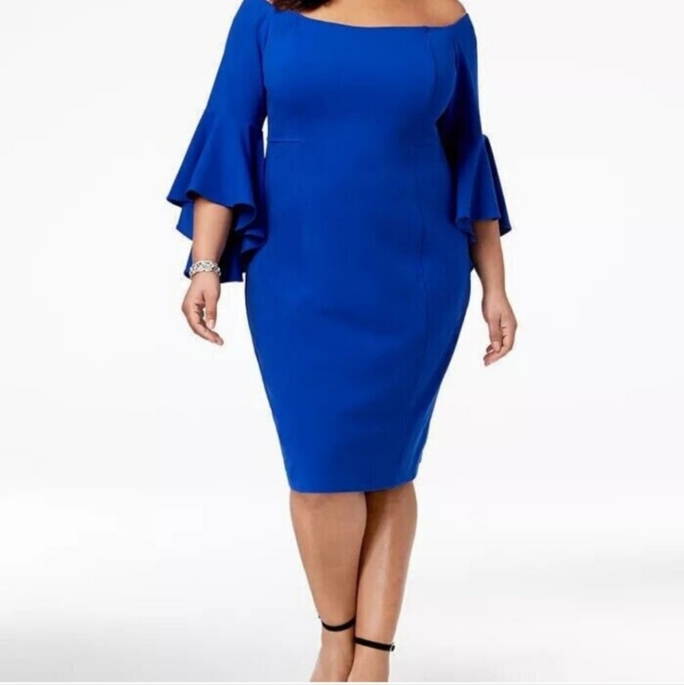 VENUS Royal Blue Off-Shoulder Bell Sleeve Mini Dress